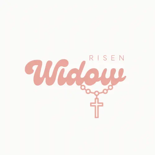 Risen Widow script logo with rosary cross